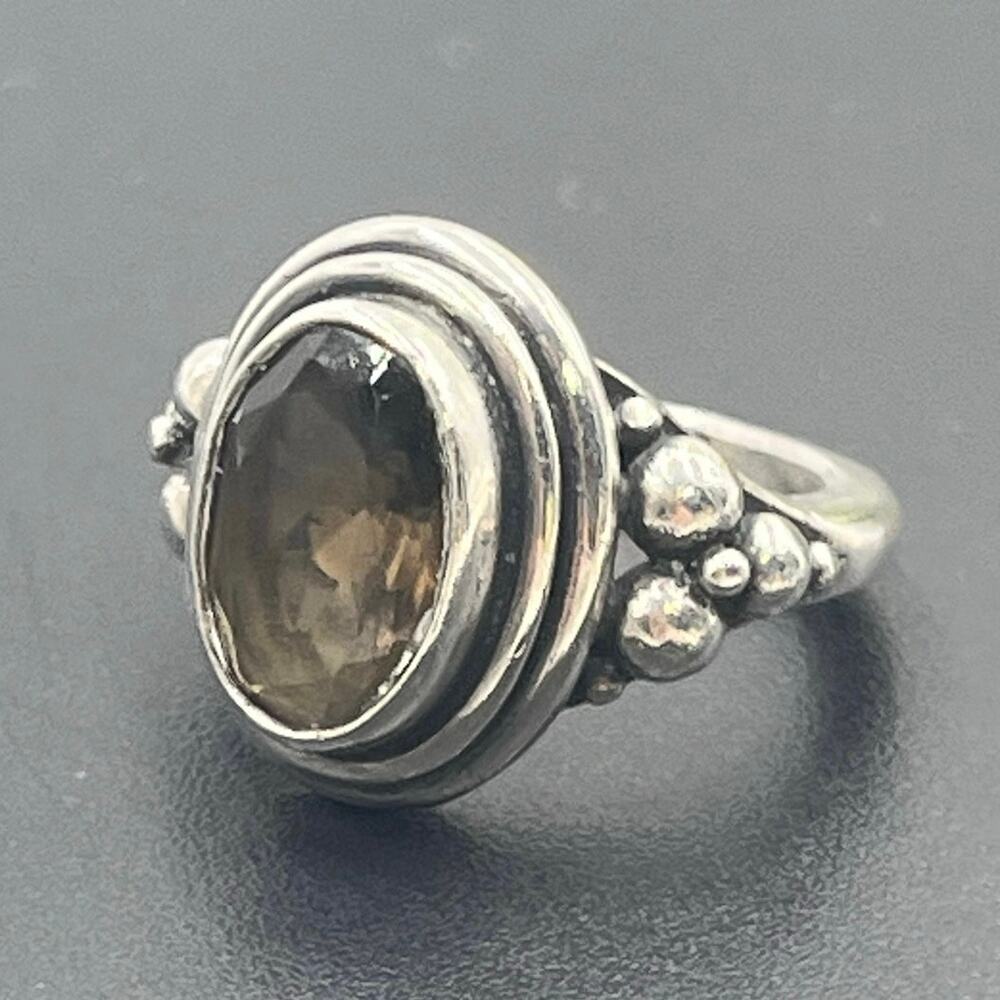 Sterling Silver Artisan Oval Shaped Bezel Set Smoky Quartz‎ Stone Ring Sz 7.75